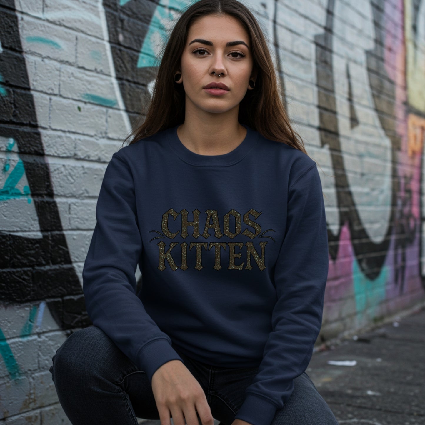 Chaos Kitten Sweatshirt | Womens Playful Gothic Pullover | Alternative Streetwear