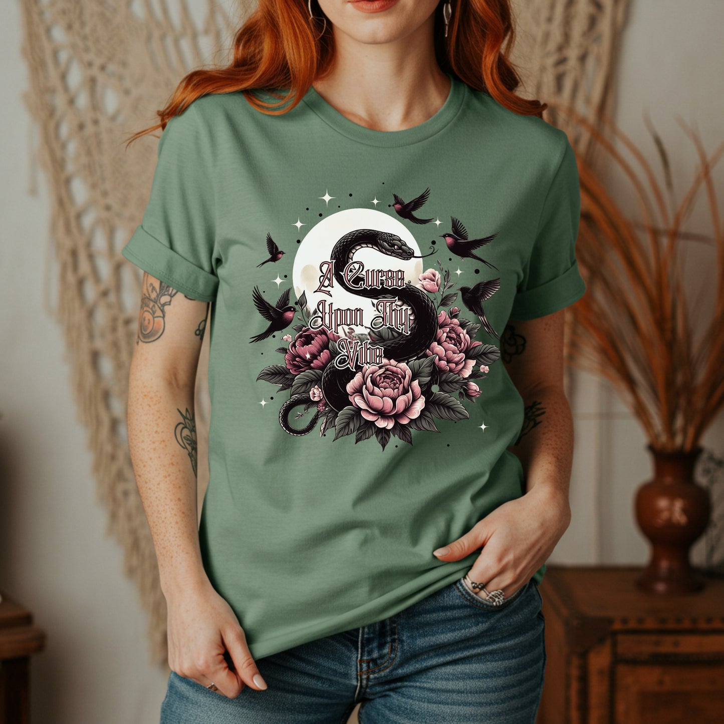 A Curse Upon Thy Vibe Tee | Snake Moon Tattoo Witch Shirt | Edgy Occult Floral | Womens Cotton T-Shirt