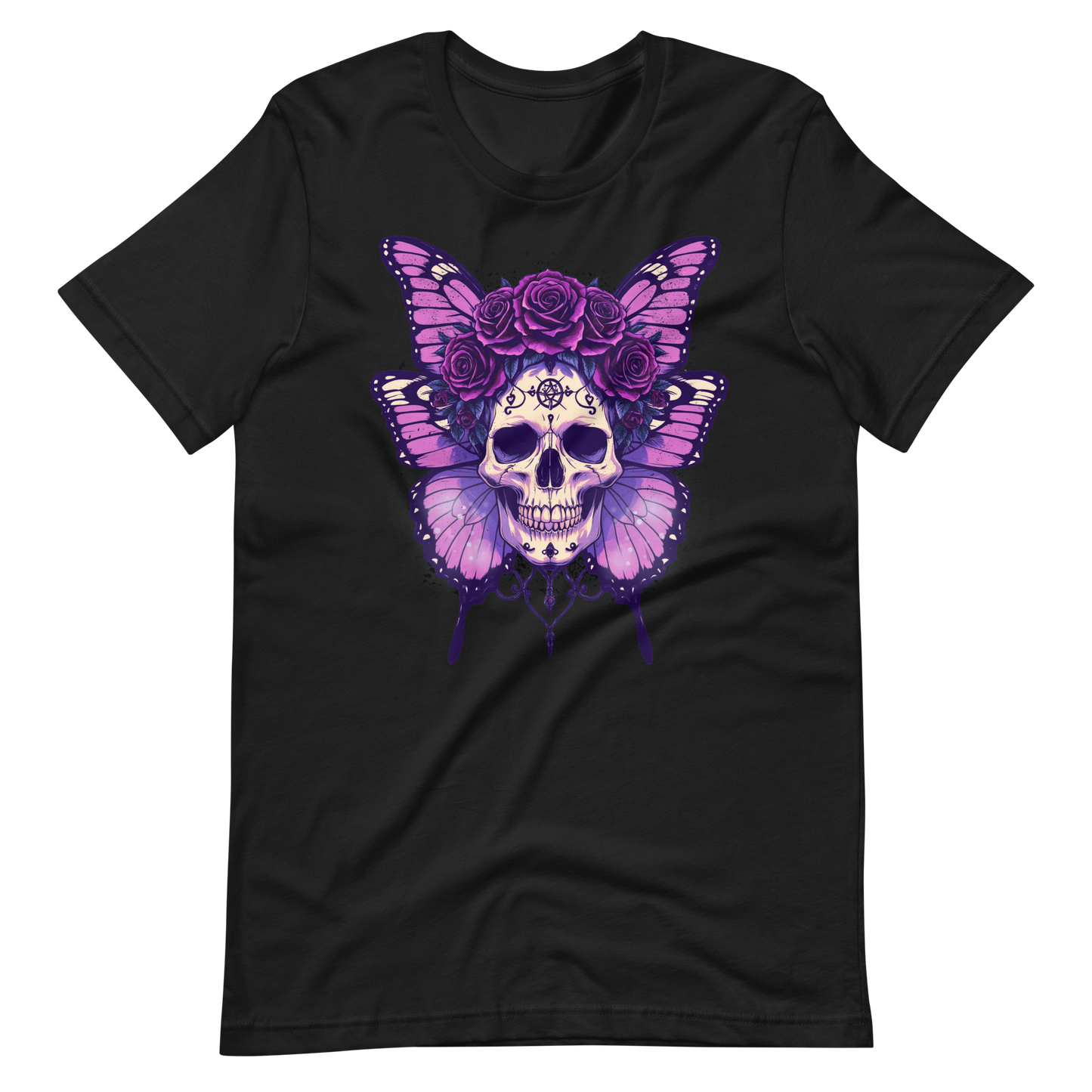 Crowned In Rebellion Skull Butterfly Rose Tee | Gothic Punk Witch Shirt | Alt Goth | Womens Cotton T-Shirt