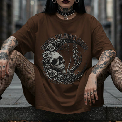 Grasping the Moon's Garden | Gothic Romantic Skull Crescent Moon | Cotton Unisex Heavyweight Tee | Distressed Grunge Graphic