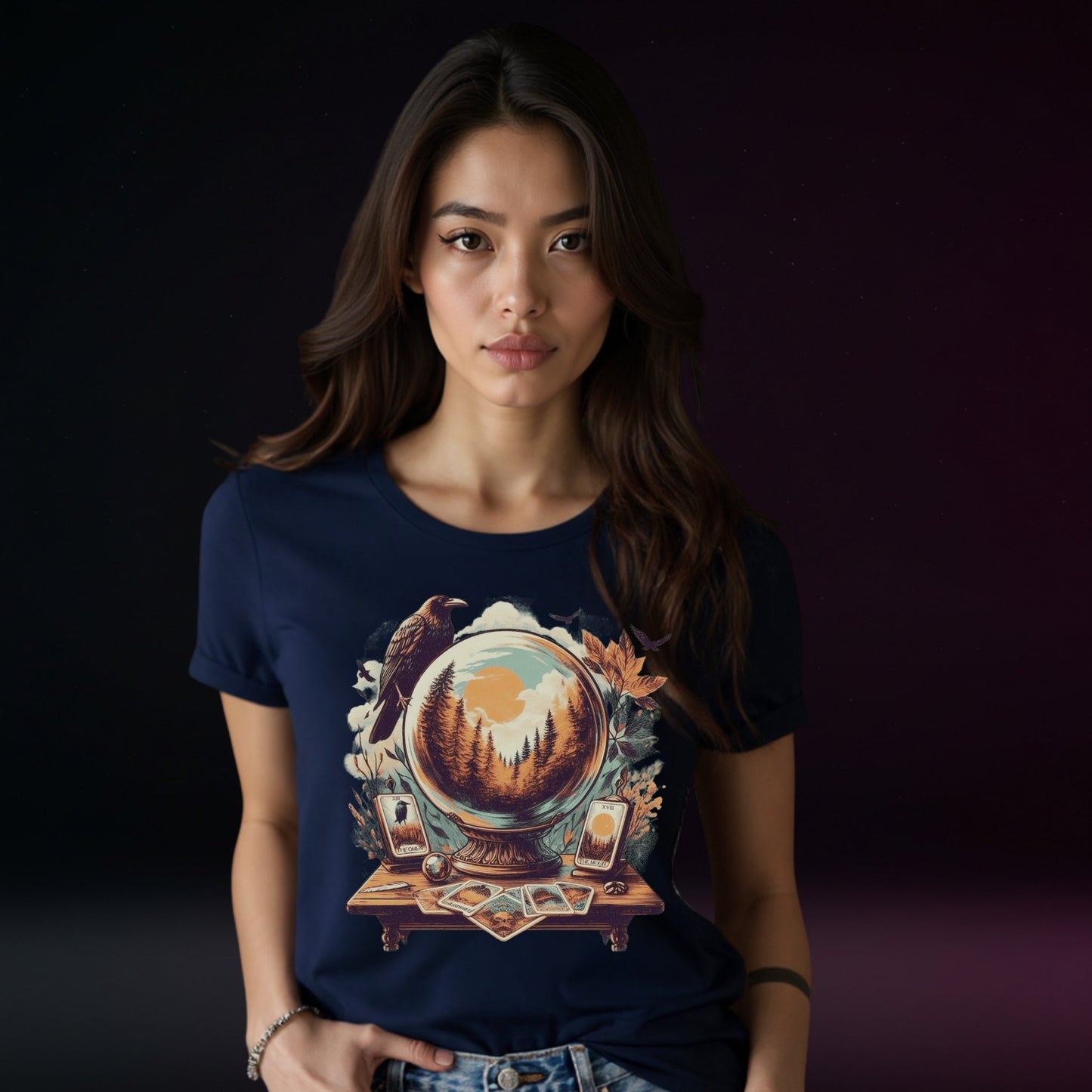 Autumn Divination Raven & Moon Tarot Shirt | Vintage Witchcore Fall Tee | Womens Top