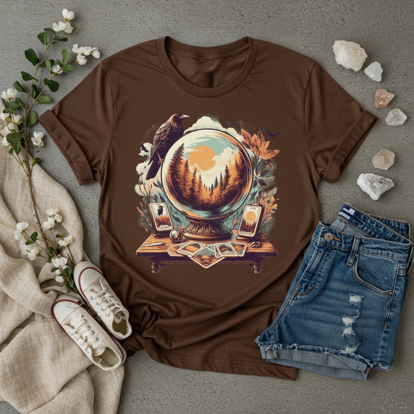 Autumn Divination Raven & Moon Tarot Shirt | Vintage Witchcore Fall Tee | Womens Top